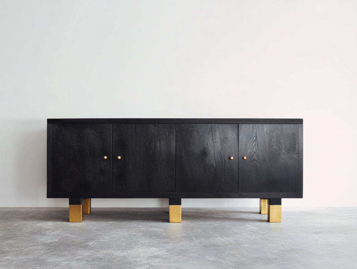 Dielenschränke aus Holzwerkstoff 180x40x76 cm - Schwarz-Gold - Holzoptik mit 4 Türen