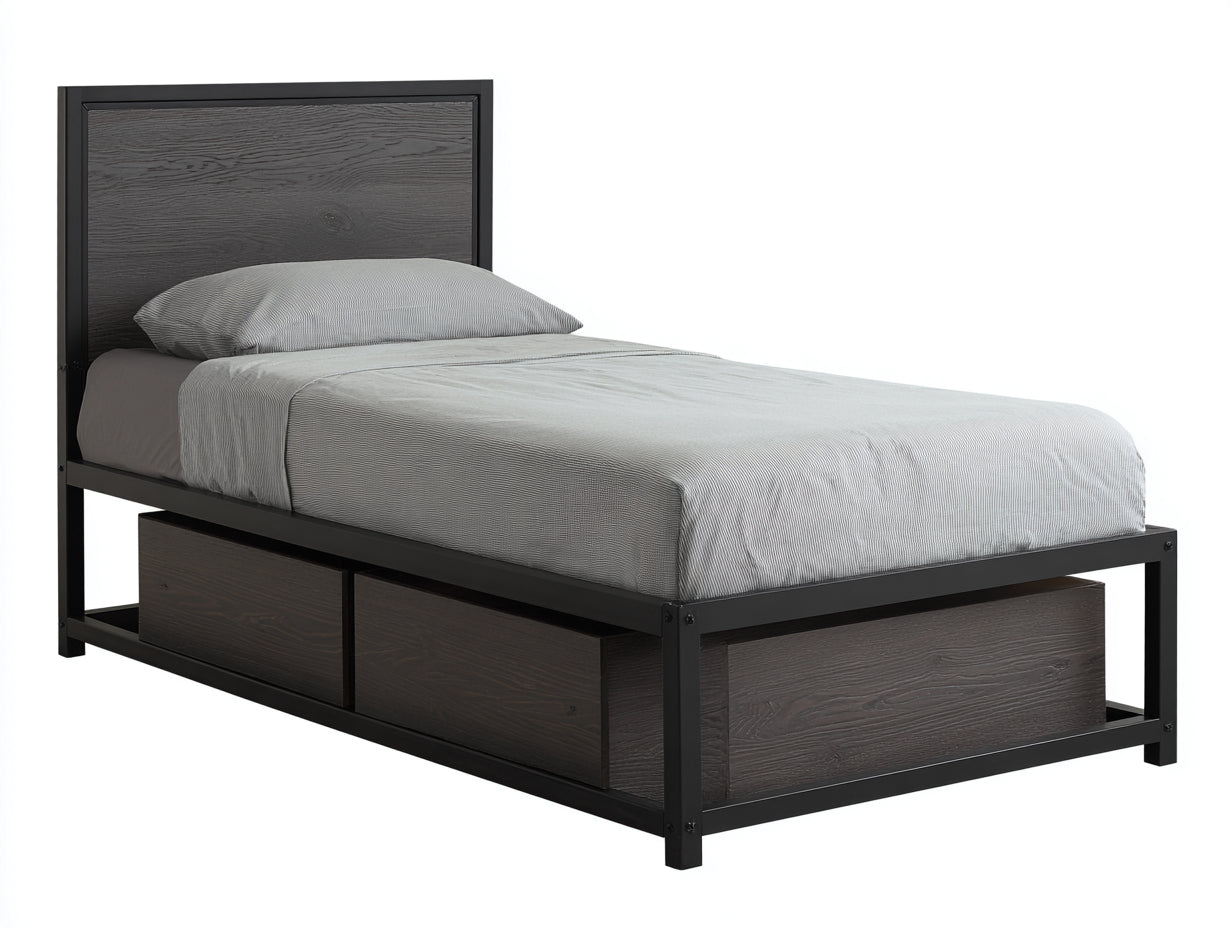 Einzelbett Metallrahmen Holzoptik 200x90x110 cm - Dunkelbraun und Schwarz - modernes Stauraumbett