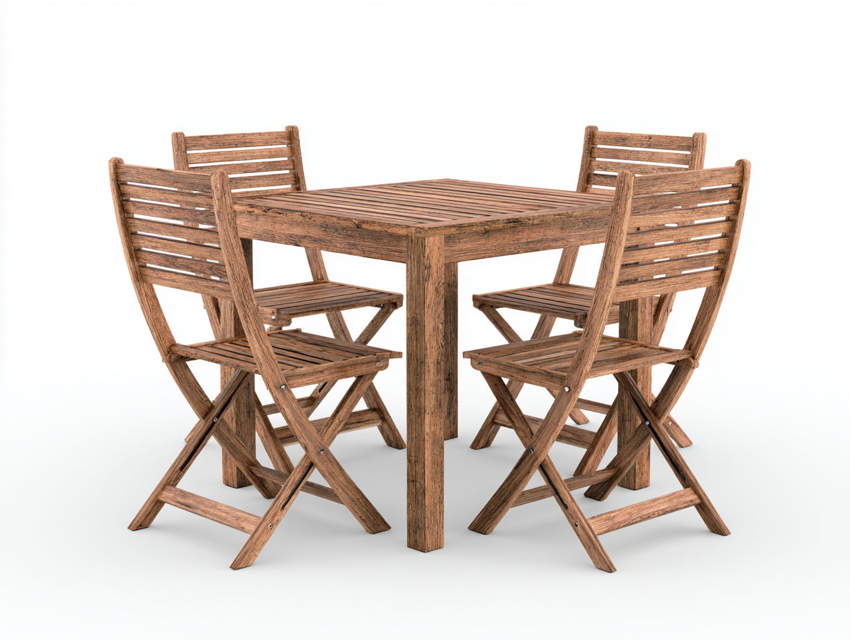 Garten Essgarnituren aus Holz 90 x 90 x 75 cm - Braun - 5-teilig mit 4 Klappstühlen - rustikales Design für Terrasse und Garten