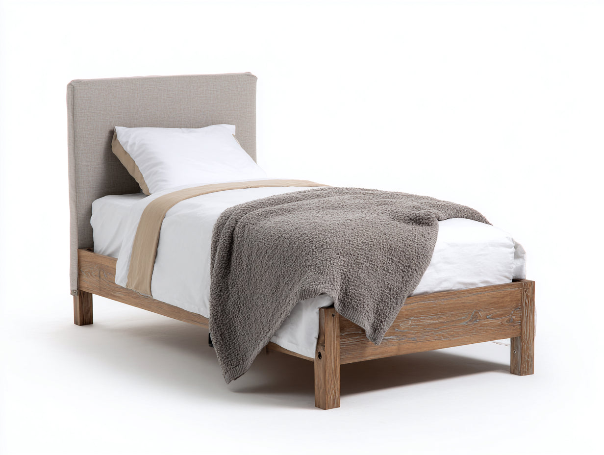 Einzelbett Holzrahmen 200x90x105 cm - Natur-Beige - gepolstertes Kopfteil für Schlafzimmer