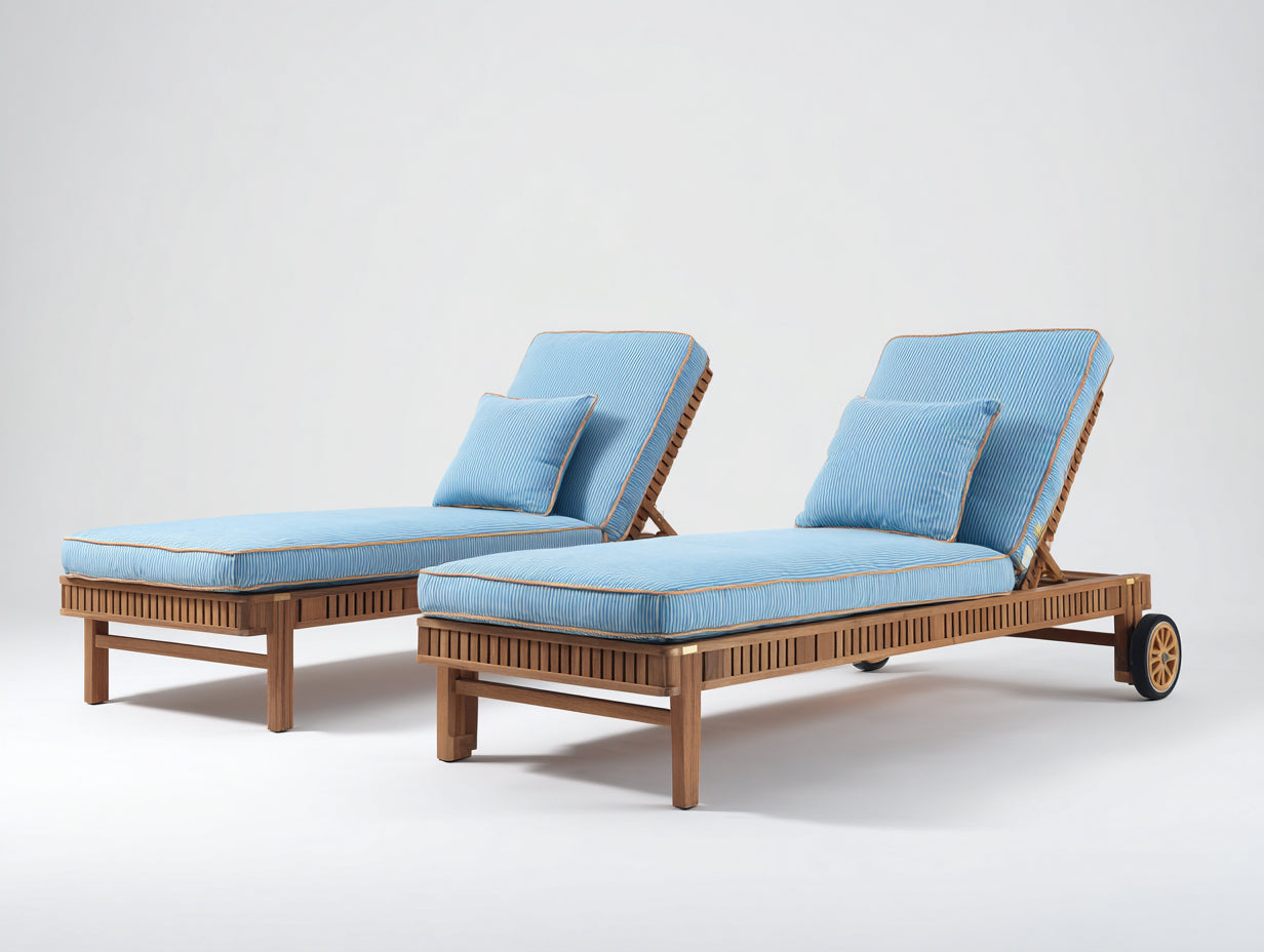 Sonnenliege 2er-Set aus Holz 205 x 72 x 98 cm - Braun und Hellblau - verstellbare Rückenlehnen mit Auflagen und Rollen - für Garten und Terrasse