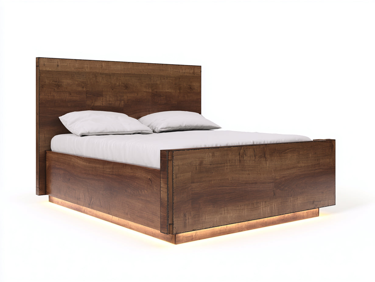 Doppelbett aus Massivholz 215x185x120 cm - Braun - Rustikales Design mit Sockelbeleuchtung