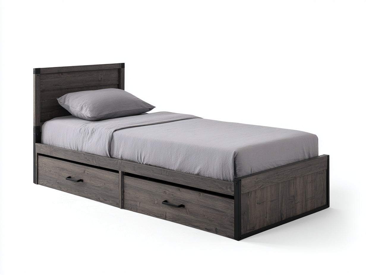 Einzelbett aus Holzwerkstoff 205x105x110 cm - Dunkelbraun-Schwarz - Industriestil mit 2 Schubladen
