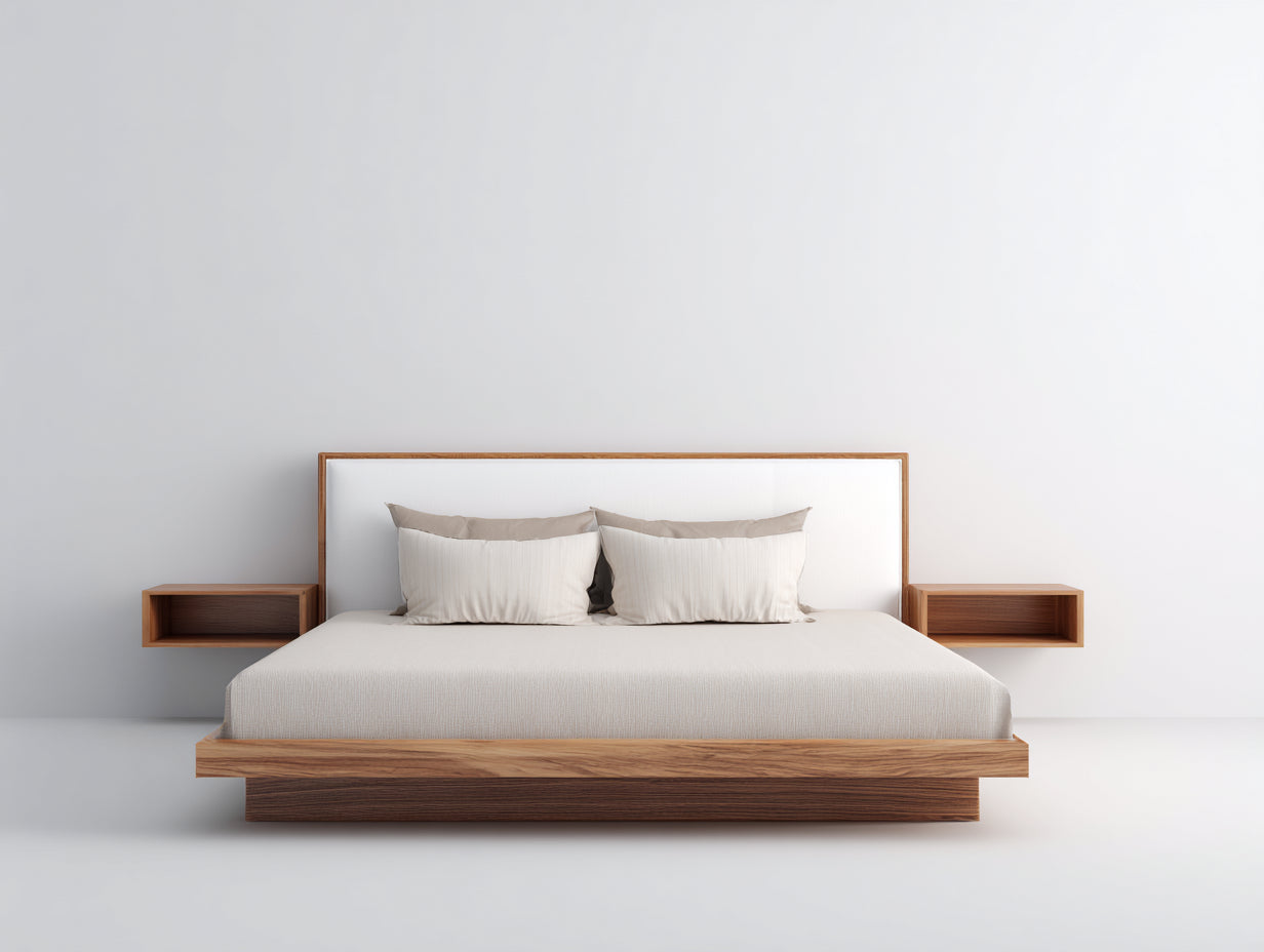 Doppelbett Holzwerkstoff 320x215x105 cm - Natur-Weiss - Modernes Plattformbett mit offenen Ablagen