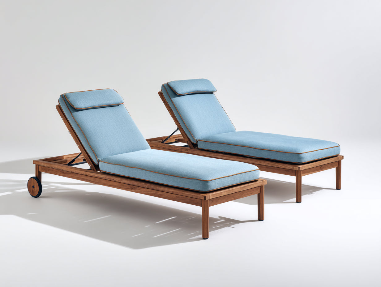 Sonnenliege Holz 198x70x86 cm - Naturbraun-Hellblau-Schwarz - Verstellbares 2er Set mit Rollen