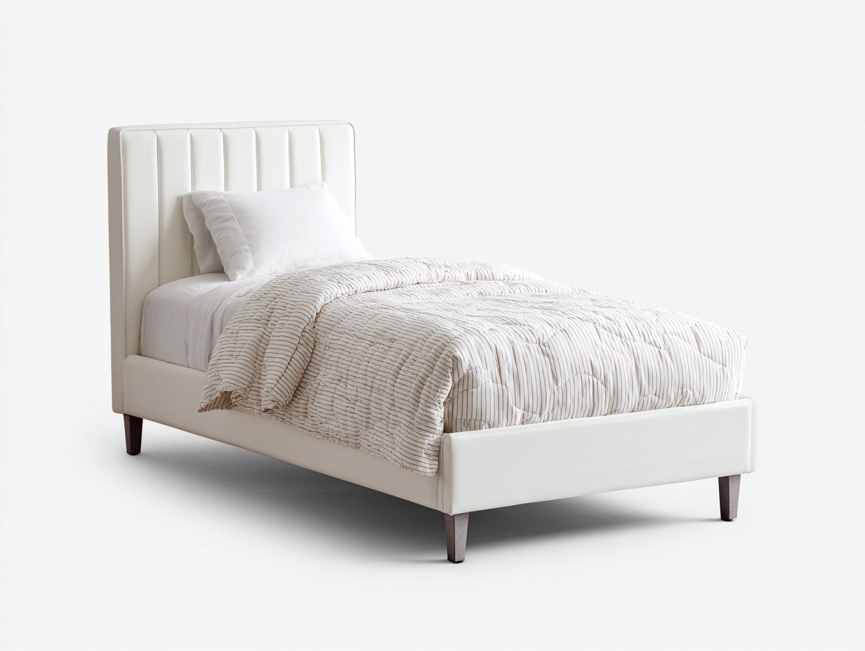 Einzelbett Polsterbett 200x90x112 cm - Cremeweiß und Dunkelbraun - modernes Design mit vertikalem Kopfteil