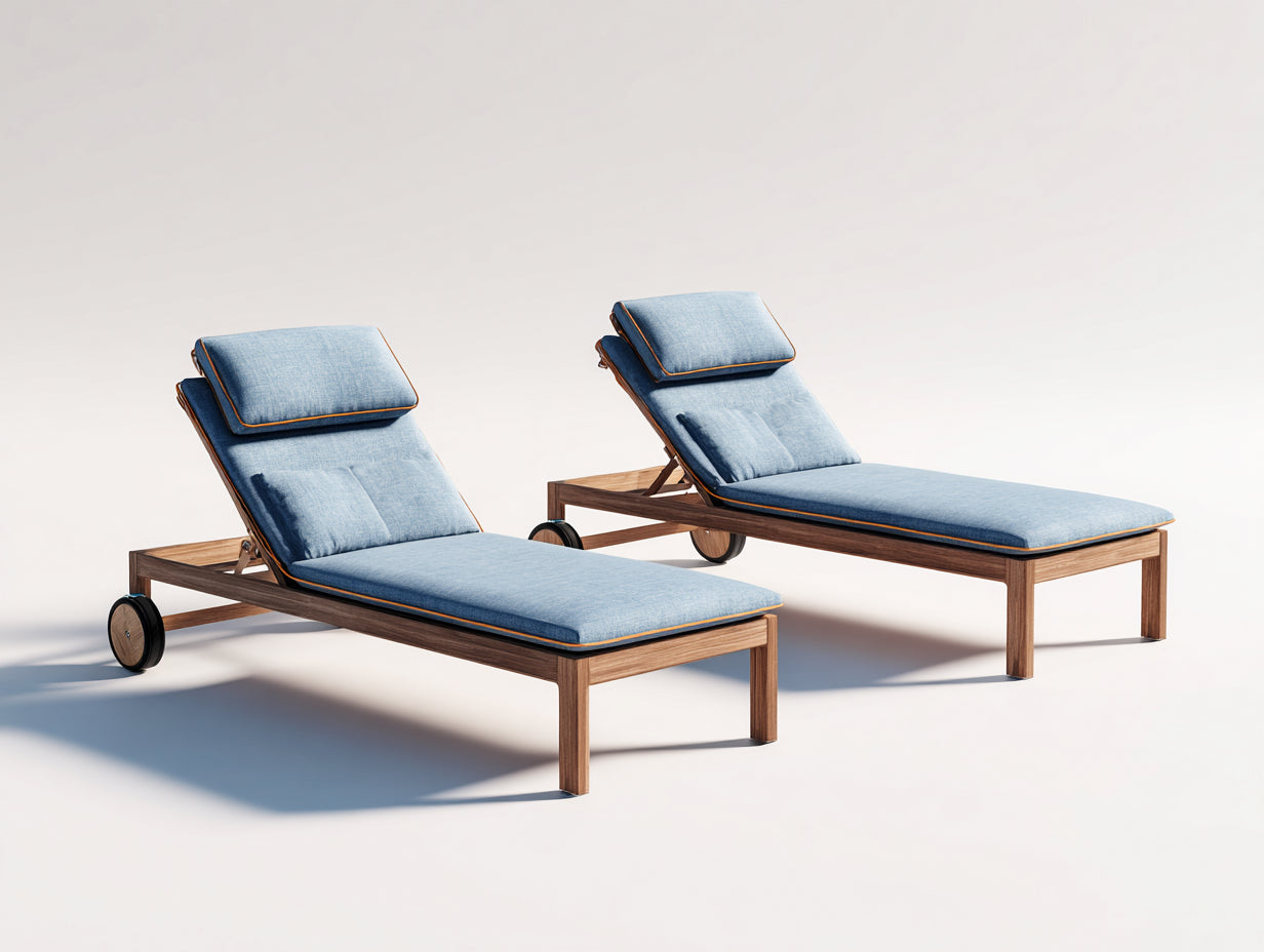 Sonnenliege 2er Set aus Holz 200x70x82 cm - Hellblau-Naturbraun-Schwarz-Orange - verstellbar mit Rollen