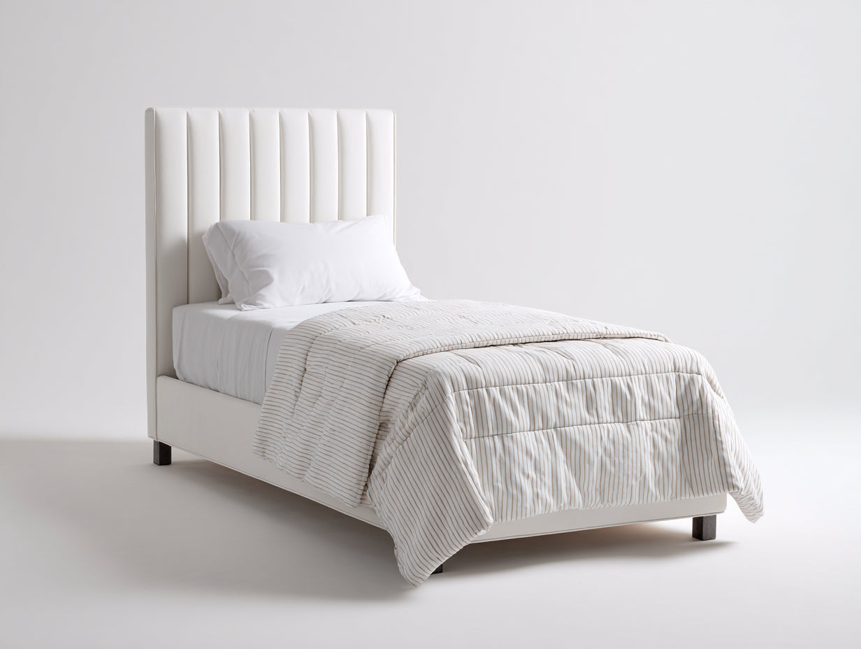 Einzelbett Polsterstoff 205x105x118 cm - Weiß-Schwarz - Modernes Polsterbett mit vertikal gestepptem Kopfteil