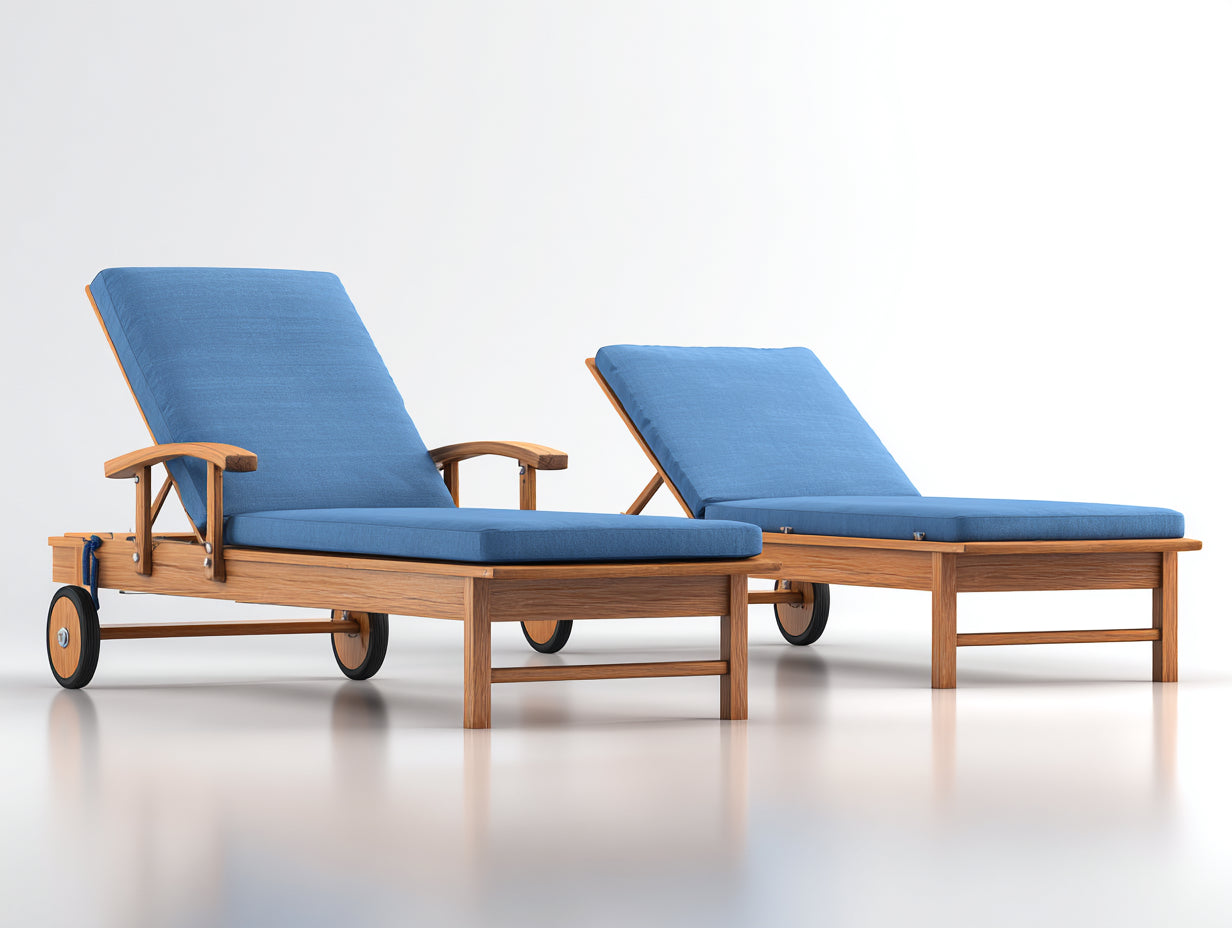 Sonnenliege Holz 190x65x88 cm - Naturbraun und Blau - modernes 2er Set mit Rollen