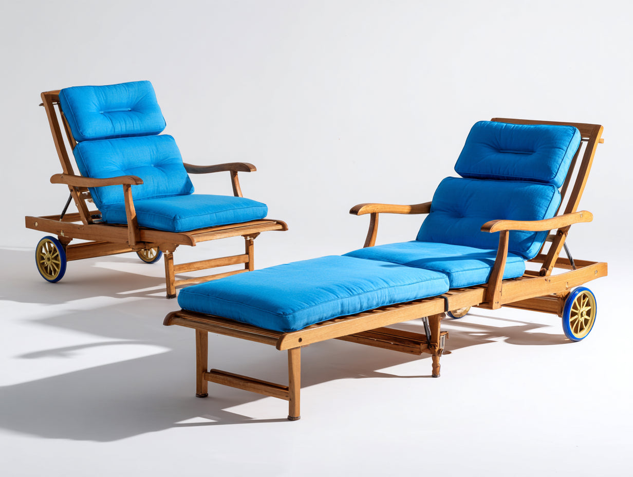 Sonnenliege 2er-Set aus Holz 200 x 75 x 105 cm - Natur und Blau - verstellbare Rückenlehnen mit Armlehnen und Rollen - für Garten und Terrasse