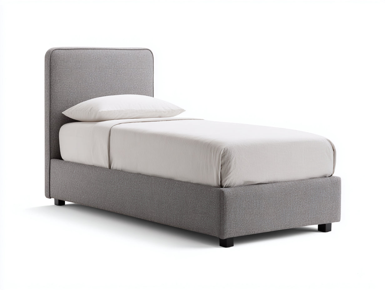 Einzelbett Polsterstoff 205x105x110 cm - Grau-Schwarz - Modernes Polsterbett mit gerundetem Kopfteil