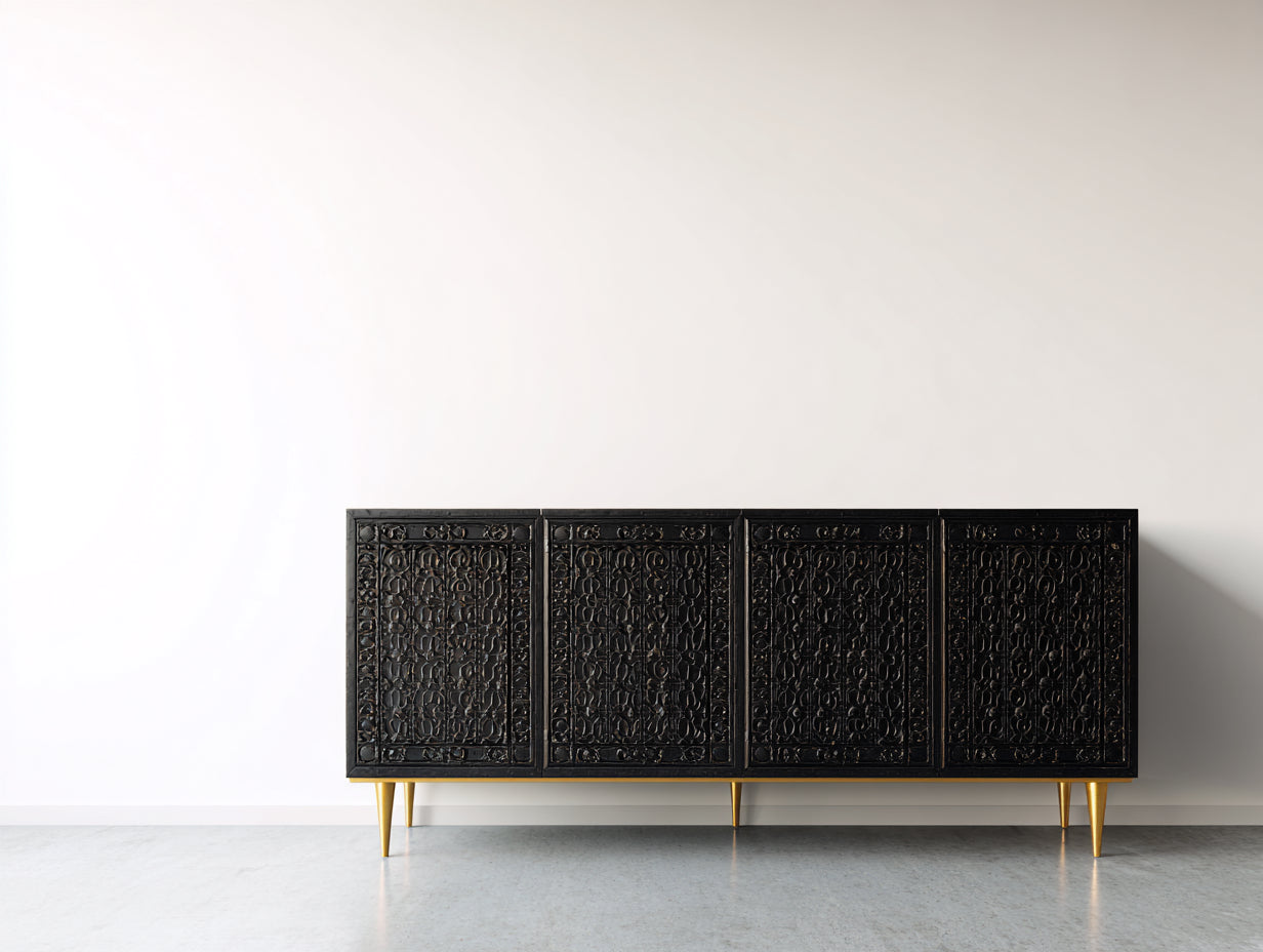 Dielenschränke aus Holzwerkstoff 180x40x85 cm - Schwarz - 4 Türen mit Reliefdekor