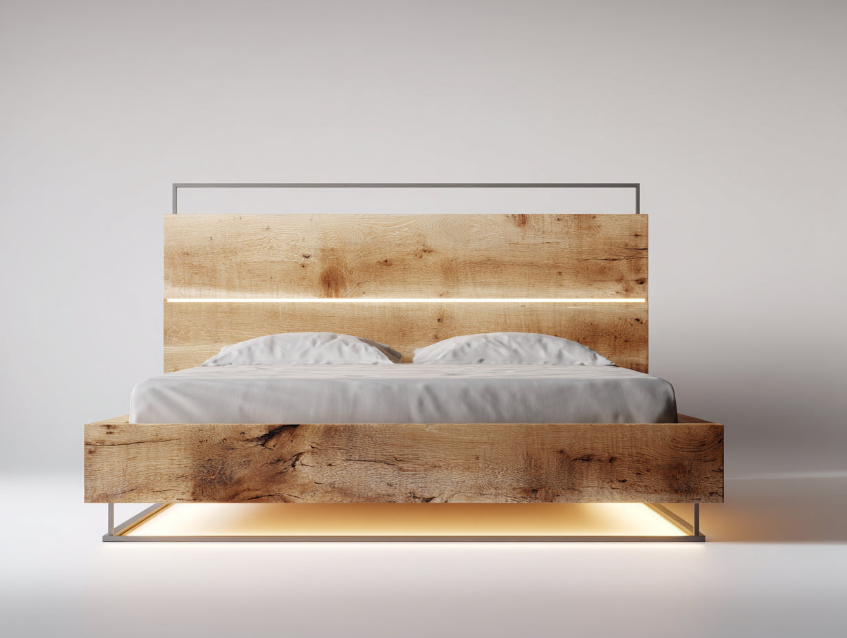 Doppelbett Holzwerkstoff 218x188x112 cm - Natur-Grau - Modernes Bett mit Kopfteil und Lichtleiste