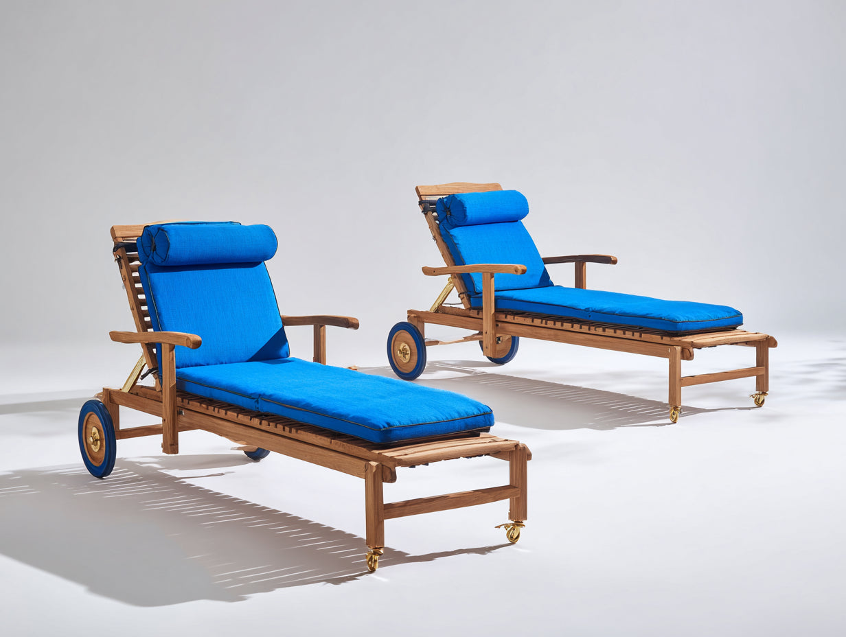 Sonnenliege Holz 190x70x90 cm - Naturbraun und Blau - modernes 2er Set mit Rollen