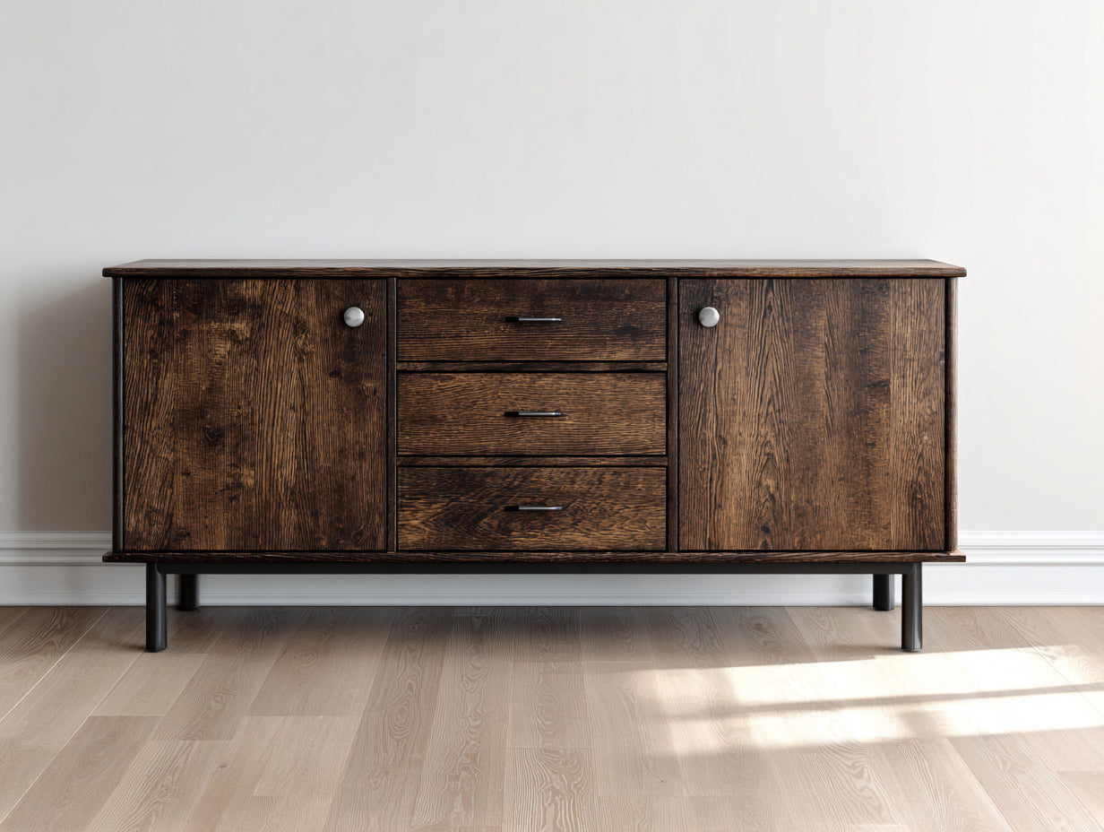 Dielenschränke Holzwerkstoff 165x40x78 cm - Dunkelbraun-Schwarz-Silber - Moderner Flurschrank mit 2 Türen und 3 Schubladen