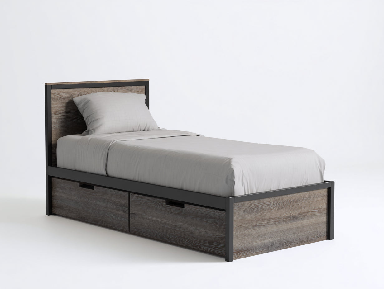 Einzelbett aus Holzwerkstoff 200x90x100 cm - Grau-Schwarz - Holzoptik mit Kopfteil und 2 Schubladen