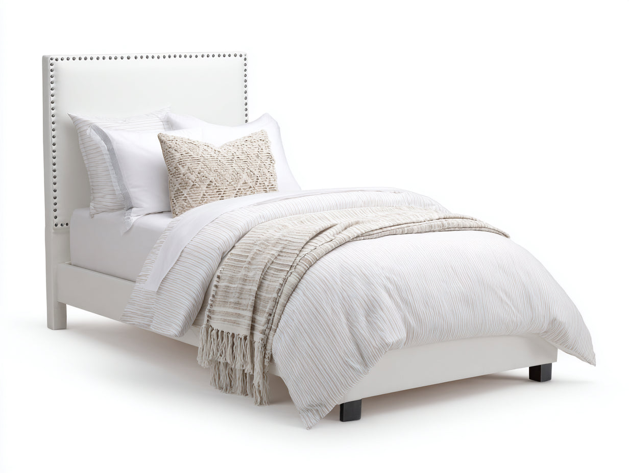 Einzelbett Polsterstoff 205x105x125 cm - Weiß-Silber-Schwarz - Modernes Polsterbett mit Nagelkopf Kopfteil