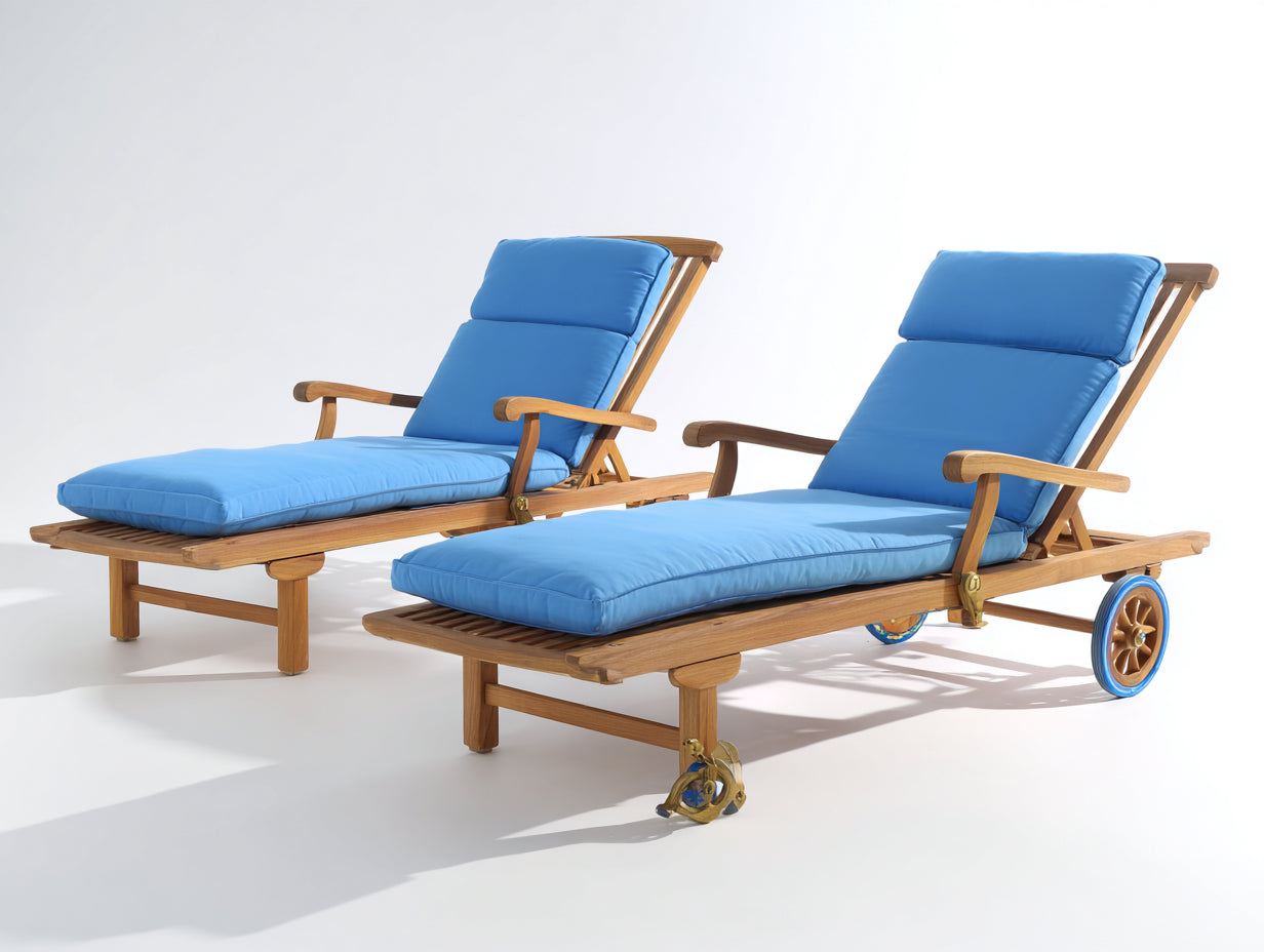 Sonnenliege 2er-Set aus Massivholz und Stoff 198x72x96 cm - Naturbraun-Blau - Verstellbare Rückenlehnen mit Rollen
