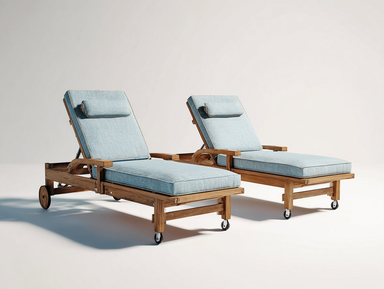 Sonnenliege 2er-Set aus Massivholz und Stoff 200x75x95 cm - Naturbraun-Hellblau - Verstellbare Rückenlehnen mit Rollen