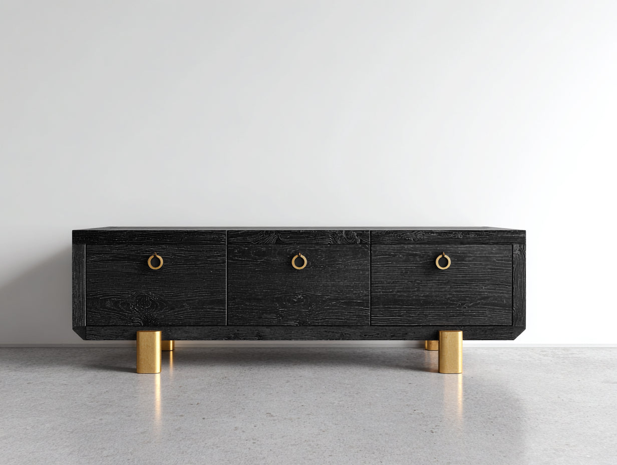 Dielenschränke Holzwerkstoff 150x40x62 cm - Schwarz-Gold - Moderner Flurschrank mit 3 Türen