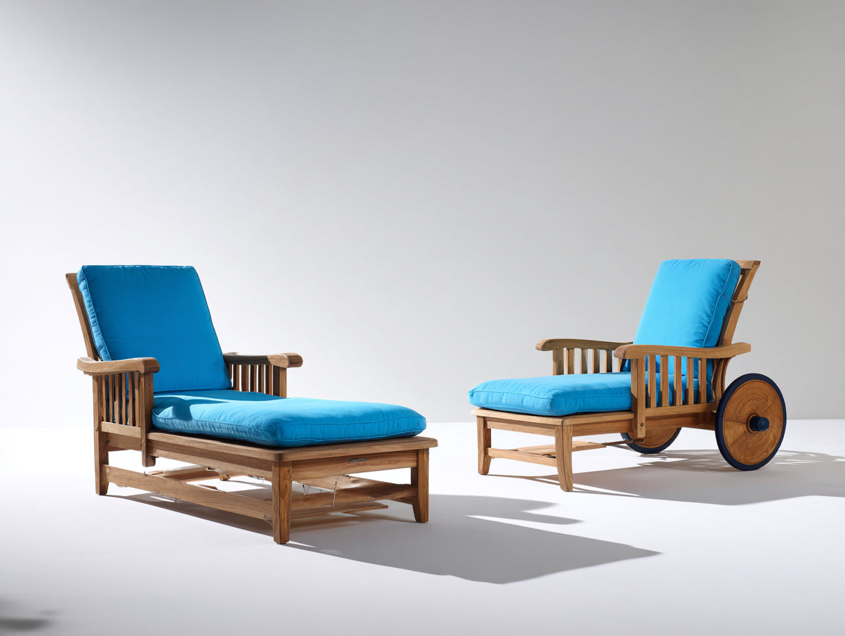 Sonnenliege Holz 190x78x84 cm - Naturbraun-Türkis-Schwarz - Verstellbares 2er Set mit Armlehnen und Rollen
