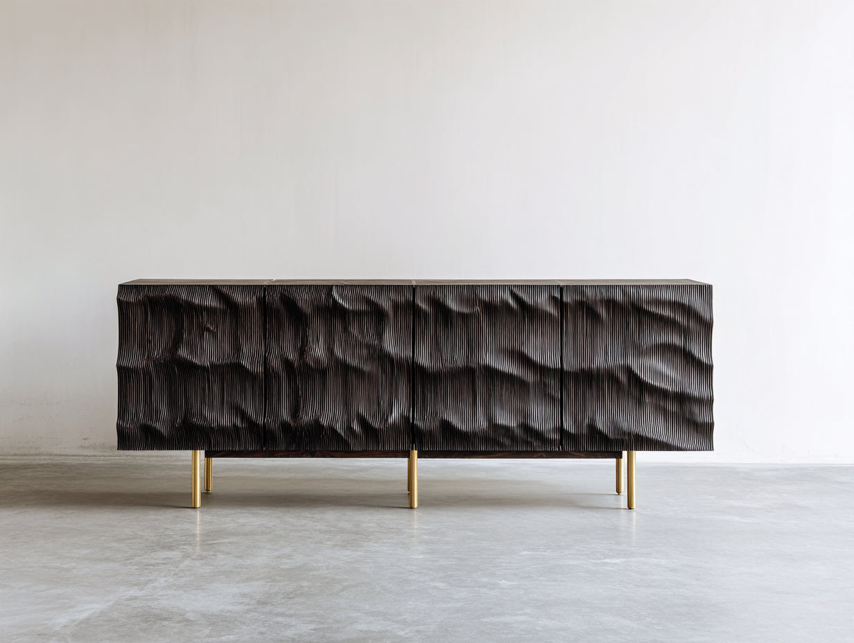 Dielenschränke aus Holzwerkstoff 180x40x55 cm - Schwarz - gerillte Front mit Metallbeinen