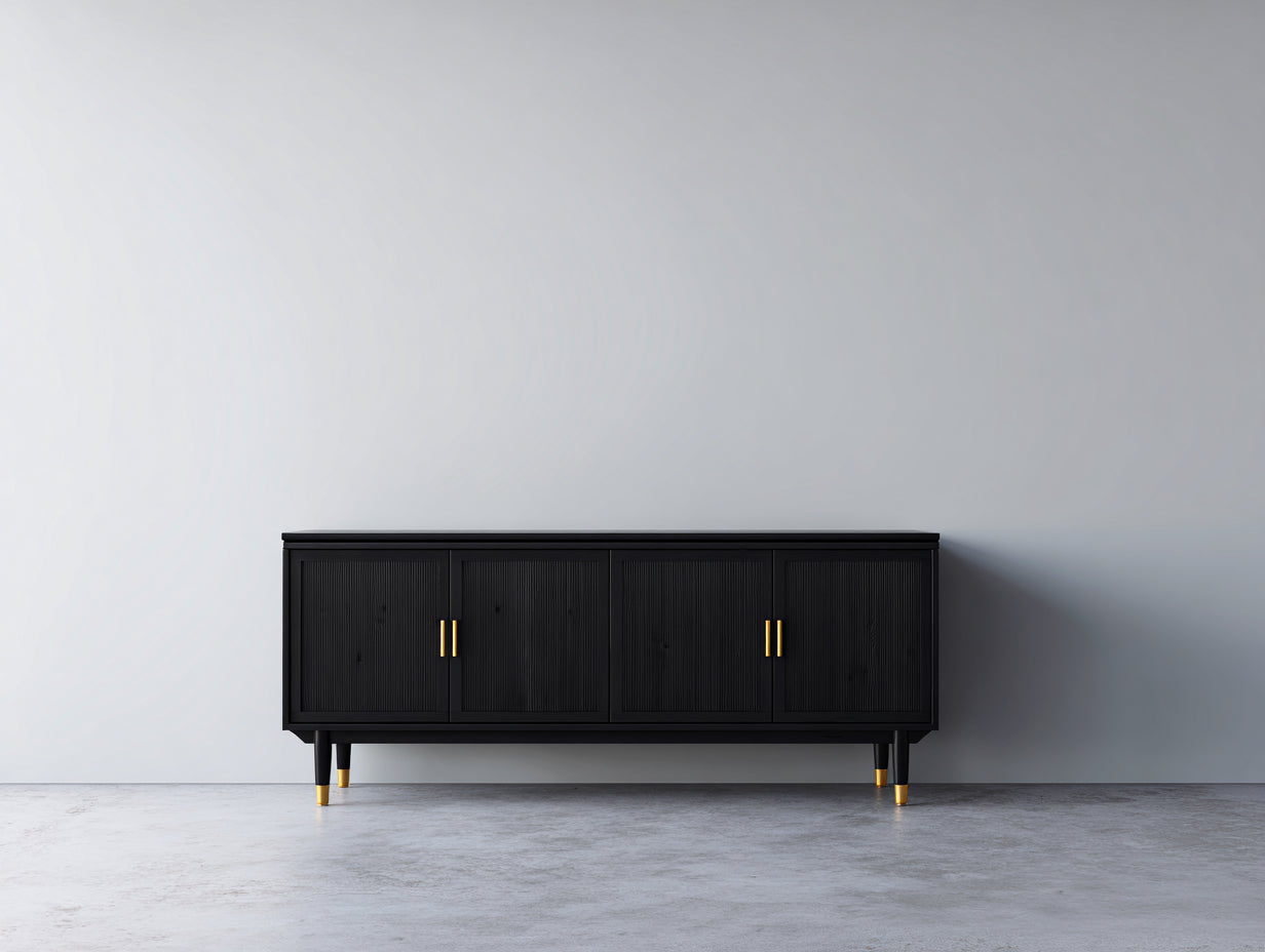Dielenschränke aus Holzwerkstoff 160x40x78 cm - Schwarz - 4 Türen mit geriffelten Fronten